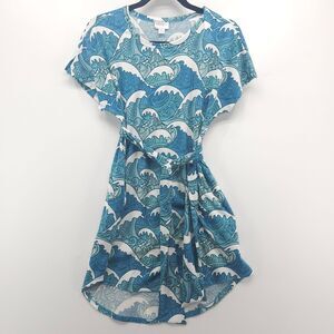 Lularoe Mitzi Tunic Hi Low Womens S Blue Water Waves Dolman Sleeve Sash Belted